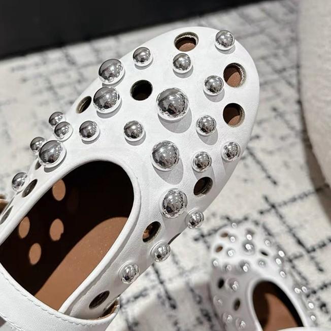 Cowhide Version~ Flat Bottom Metal Pearl One-word Buckle with Mary Jane Shoes Women's Autumn Leather Versatile Hollow Shallow Mouth Single Shoes