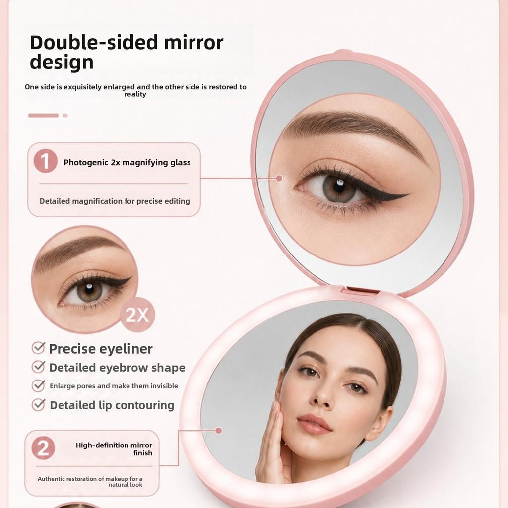 LED Foldable Makeup Mirror 2X Magnification USB Type-C Rechargeable Compact Mirror with Light Portable Travel Cosmetic Mirror for Women