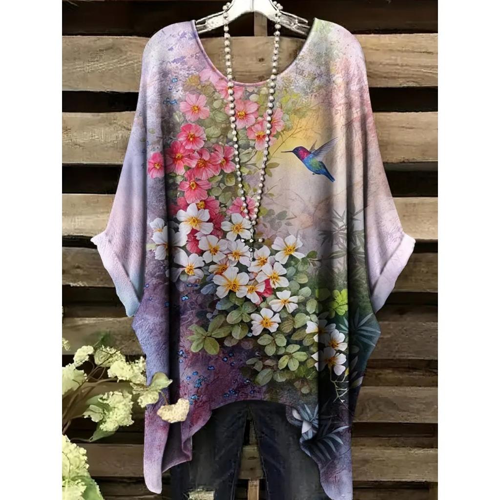 Camiseta de Verano para Mujer Estampado de Colibrí y Pavo Real Cuello Redondo Cola Cómoda Manga Corta Oversize Dobladillo Irregular Tops