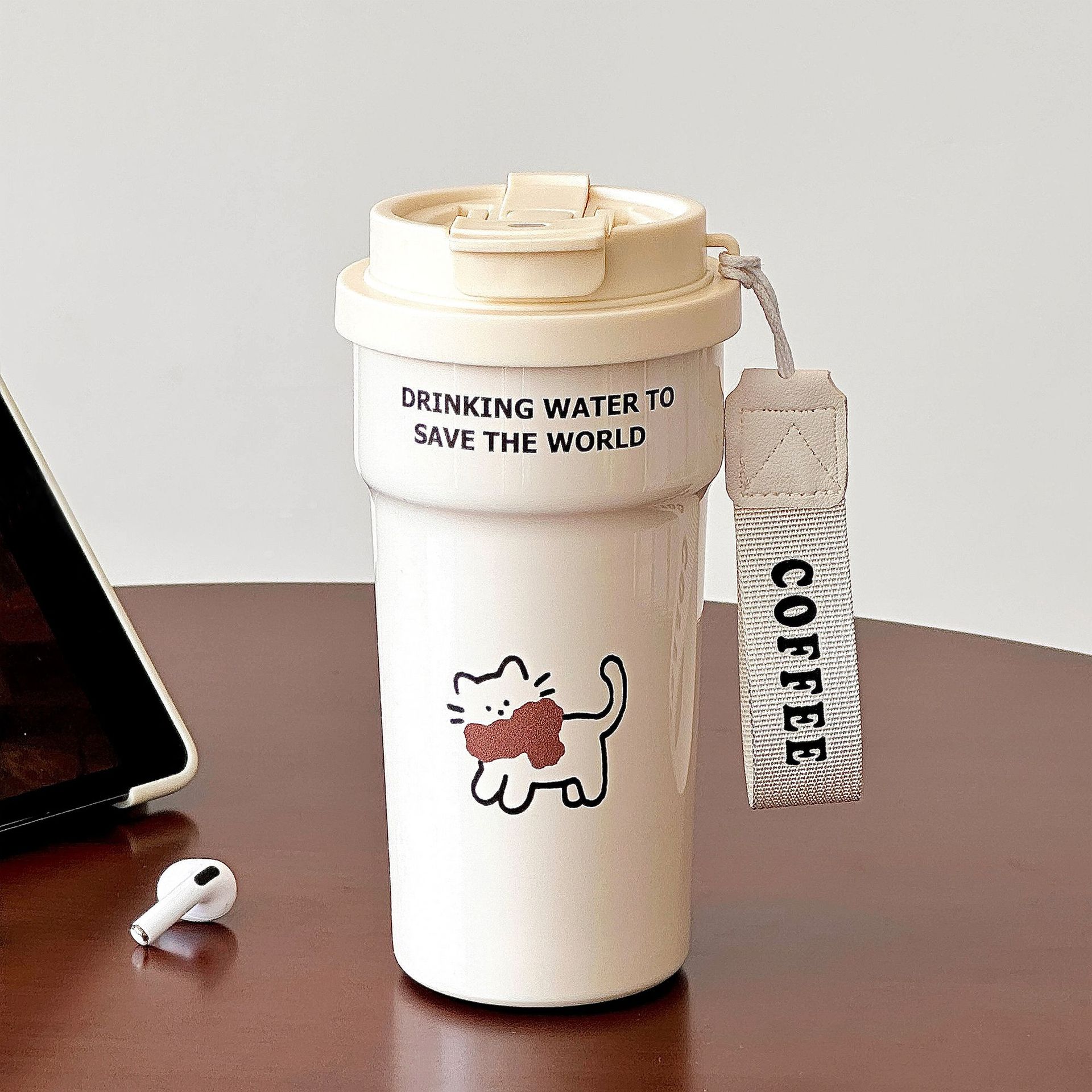 New kitten coffee cup girl cute cartoon thermos cup high value double drink mouth thermos cup direct drink coffee cup 500ml