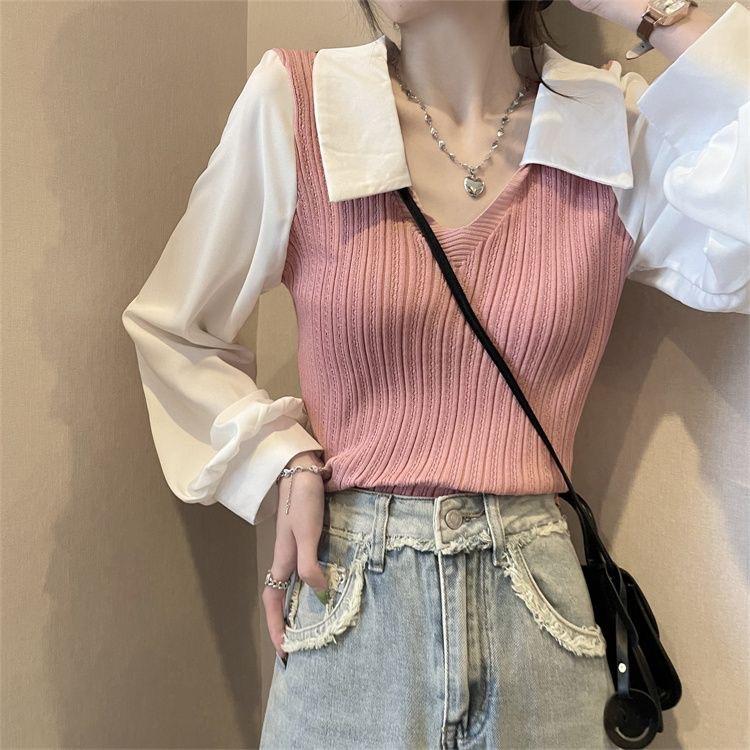 Jesienny i zimowy sweter z dekoltem w serek, łączony sweter z rękawami typu latarnia, dwuczęściowy sweter z dzianiny, top z długimi rękawami dla kobiet