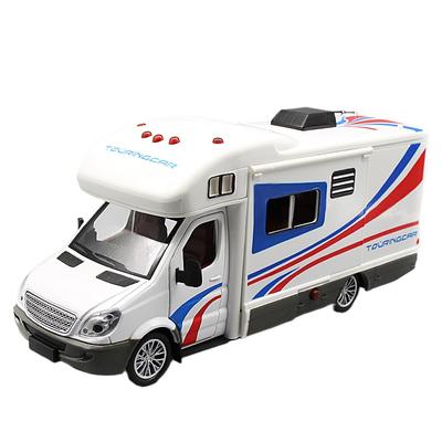 1/32 Alloy Diecast Touring Car Model Toys 3 Doors Opened Sound Light Campervan RV Trailer Vehicles Childrens Toy Gift Collection