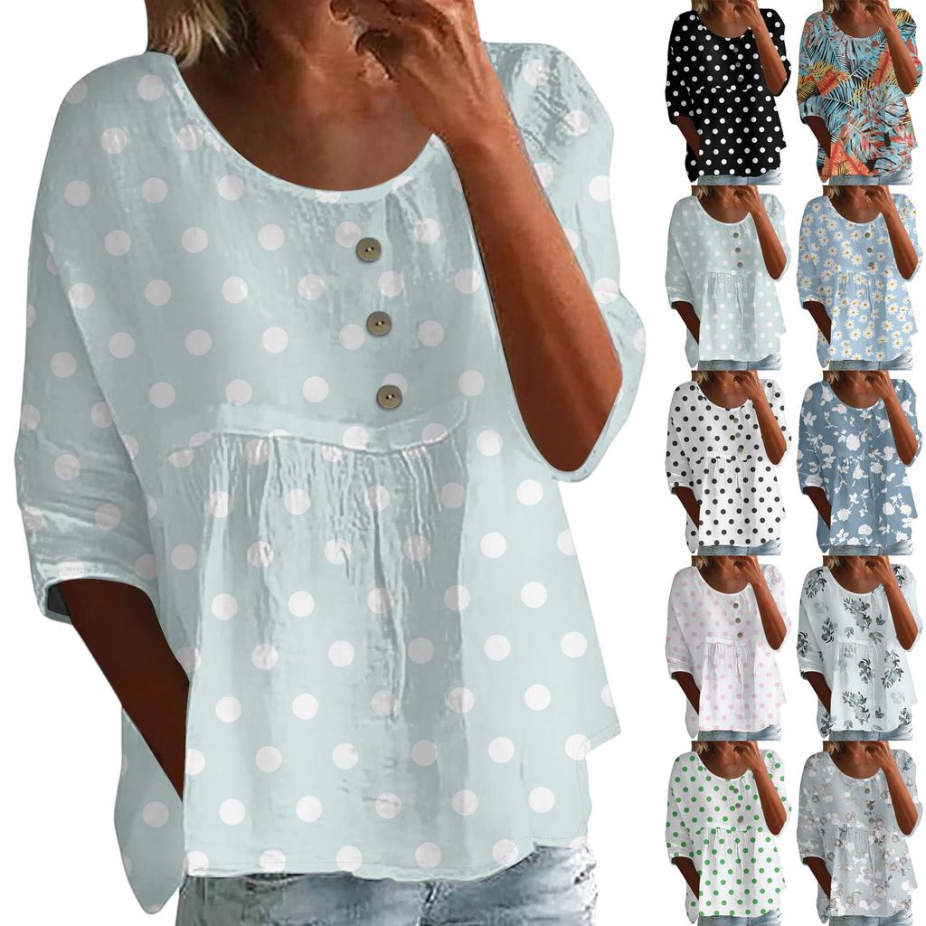 Linen Shirts For Women 3/4 Sleeve Button Down V Neck Summer Tops Dressy Casual Cute Shirts