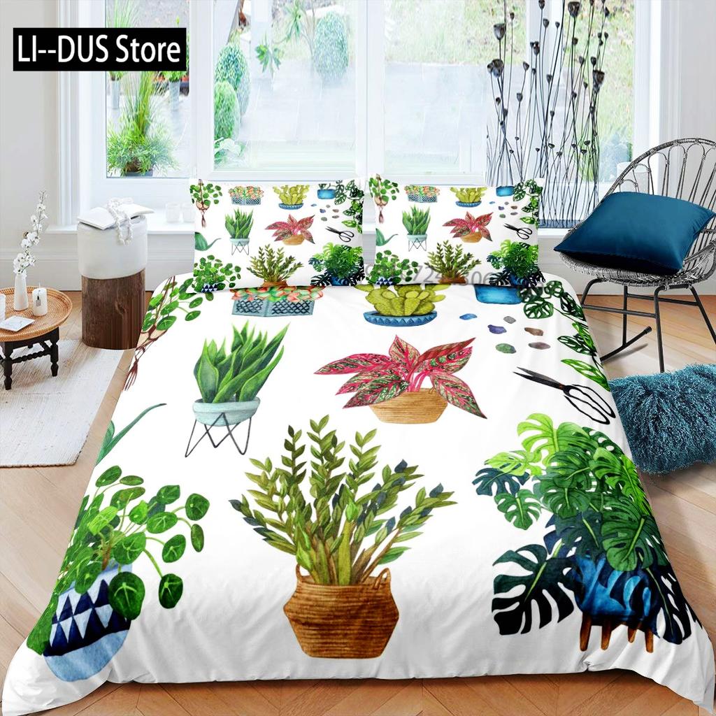 Succulents Bedding Set Green Plant Duvet CoverTropical Botanical Comforter CoverQuilt Cover for Bedroom Decor Full Size 3pcs