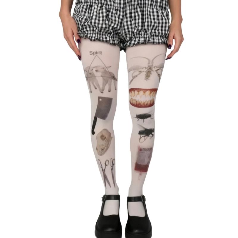 Whimsy Cute Printed Opaque Tights Stockings for Women Japanese Elegant Gothic Grunge Patterned White Pantyhose Leggings