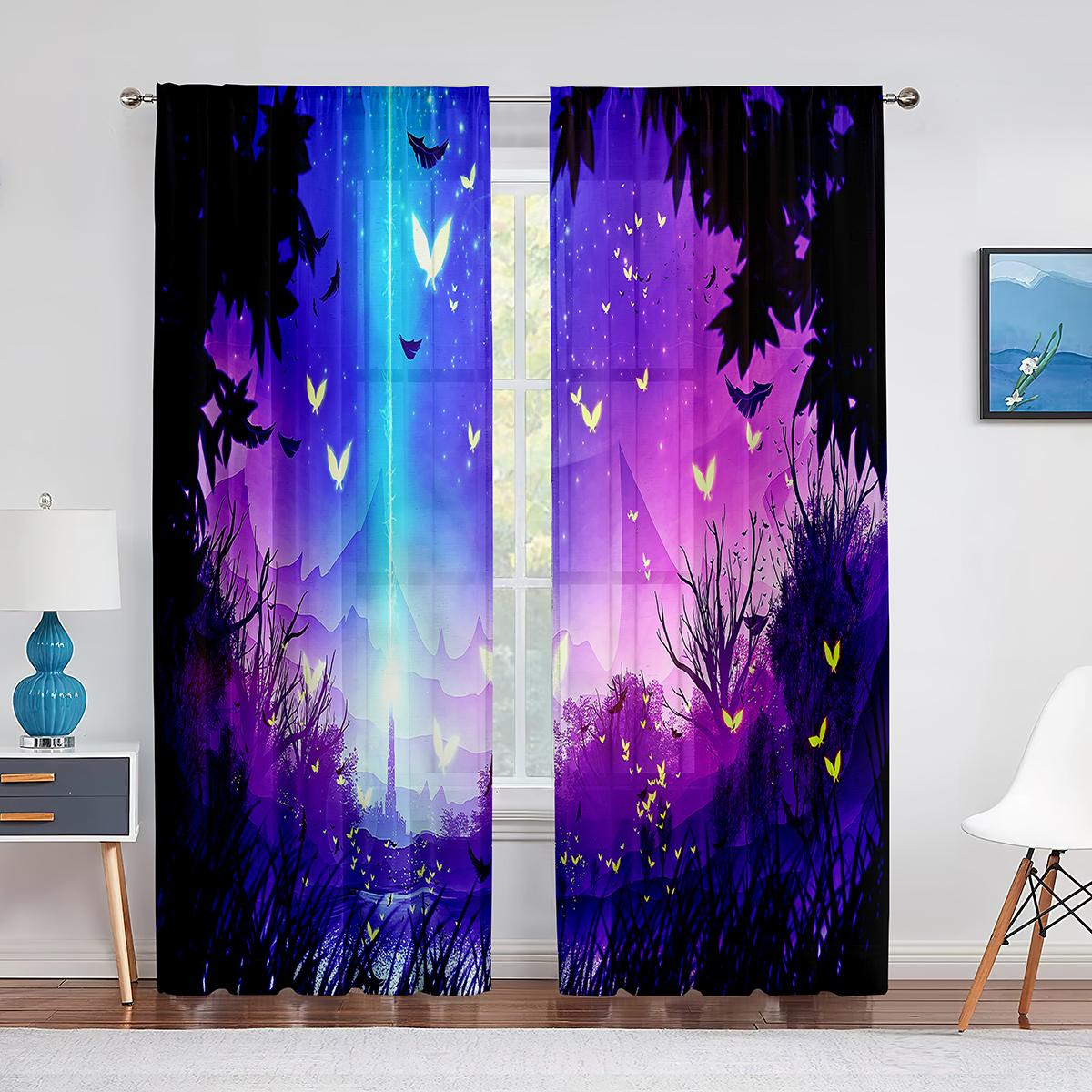 Тюлевые шторы с фиолетовым цветком и полем одинокого дерева — фото 5