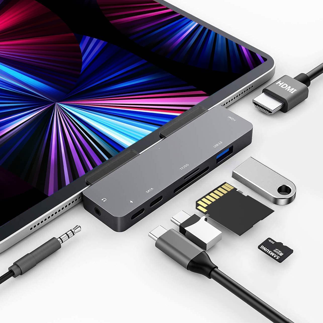 

7в1 Новейший док-хаб для iPad Pro Air Mini 6 с выделенным док-портом, выход 4K HDMI, зарядка PD 60 Вт, передача данных 5 Гбит/с, устройство для чтения SD-карт, разъем для наушников, Type-C