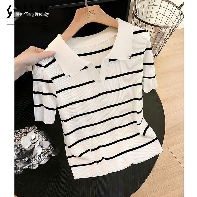 Women s Striped Lapel Short Sleeve T-Shirt One Size