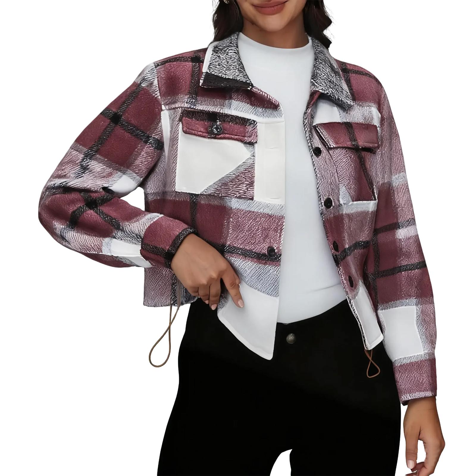 

Women s Fashion Plaid Short Jacket L винный