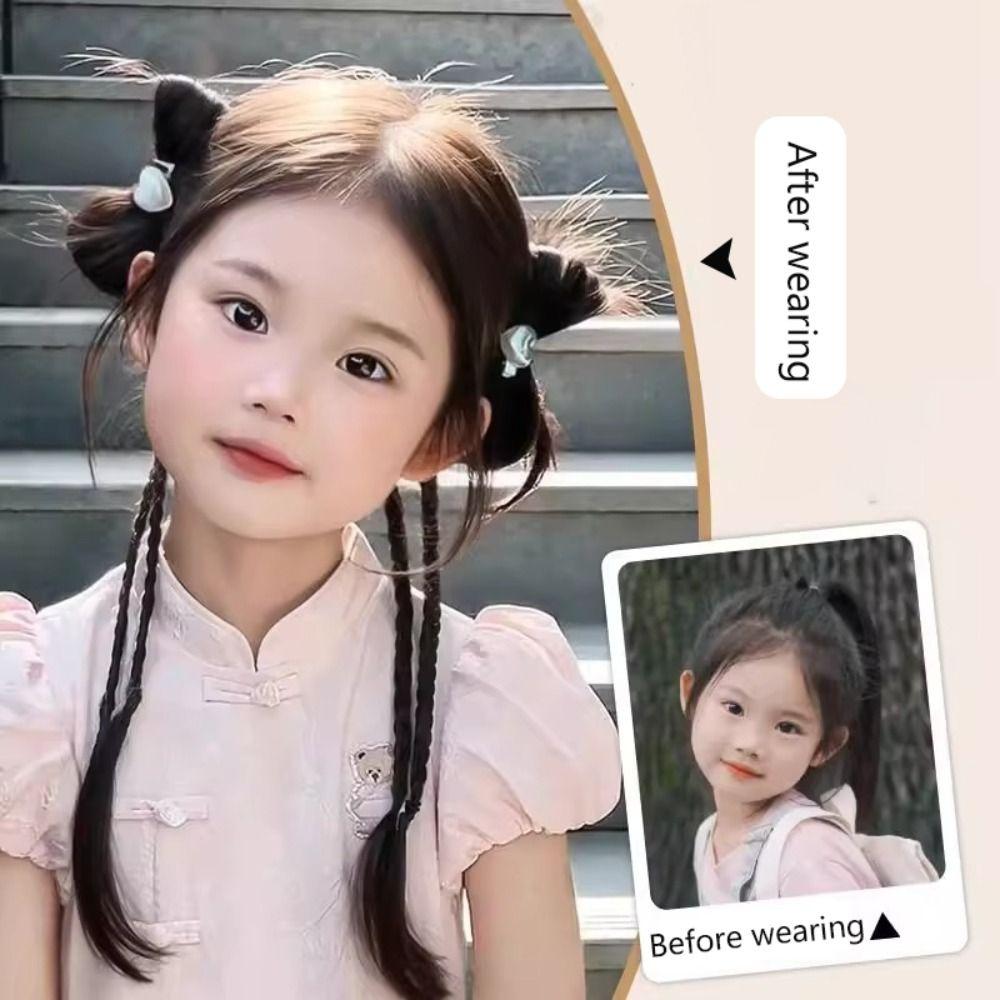 1 Pair Trendy Cute Children'S Wig Braid Bow Knot Sphere Head Hair Clip Double Ponytail Wig Fried Dough Twists Braid Female Use