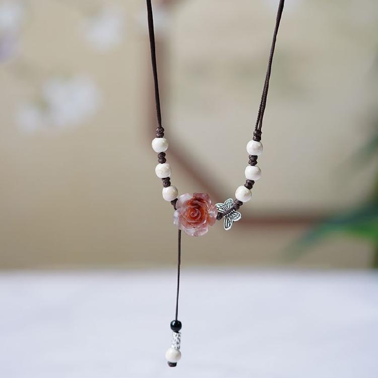Retro Style Chinese Butterfly Clavicle Chain Adjustable Beaded Collar Chain Fashion Camellia Flower Ceramic Necklace