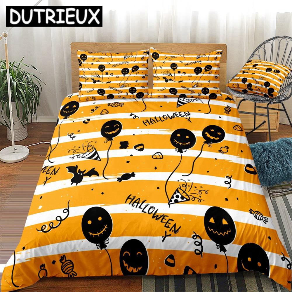 Halloween Bedding Set Yellow Stripe Bat Duvet Cover Set Balloon Bets Set Cartoon Home Textiles Microfiber For Kids Boys Girls