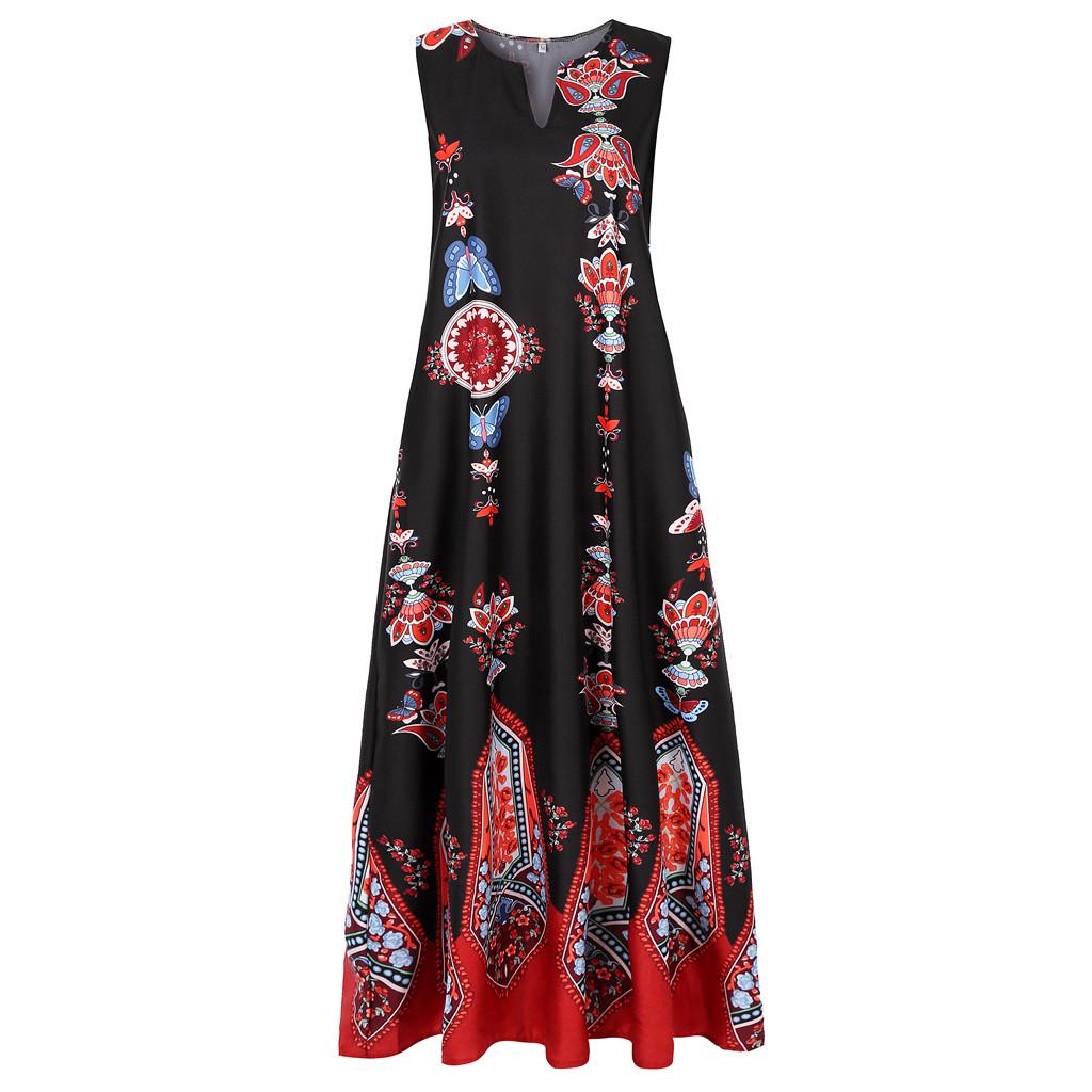 Women Plus Size Print Daily Casual Sleeveless Vintage Bohemian V Neck Maxi Dress
