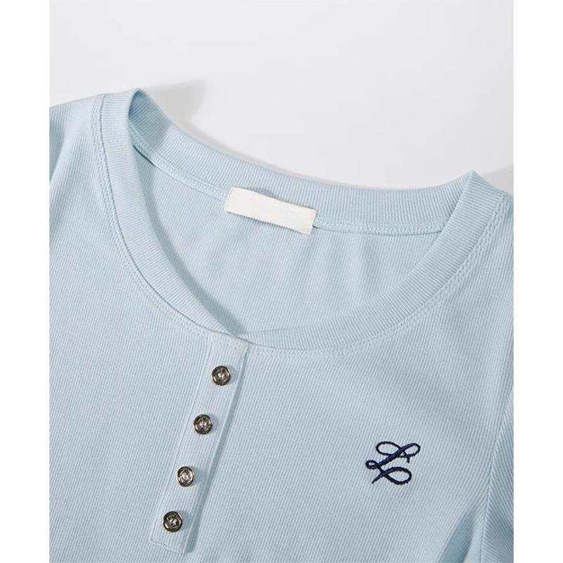 Milk Blue T-shirt Women's Bow Embroidered Bottoming Shirt Early Spring Card Waist Pinch Pleated Long Sleeve Inside Chic Top