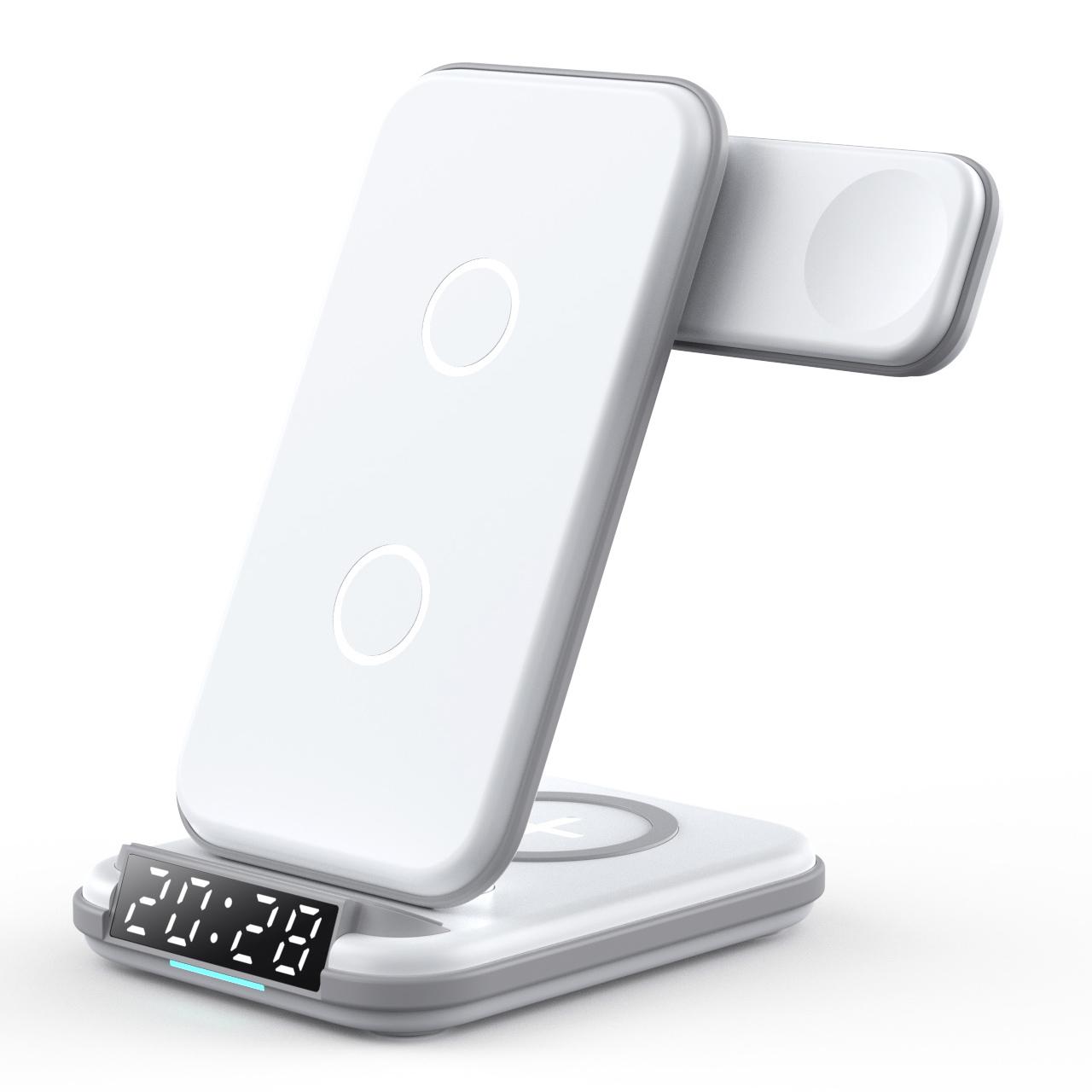 

Будильник, беспроводная зарядная станция 4 в 1, 15 Вт, подставка для быстрой зарядки, многофункциональный настольный держатель для телефона для Iphone14 13 Airpods Iwatch as picture белый