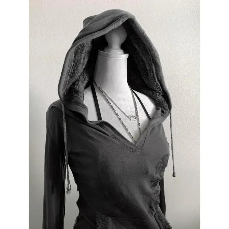 Amerikanische Retro Y2K Subkultur Grau Langarm T-Shirt Original Old Style Hoodie Ins High Street Slim Damen Top Herbstmode