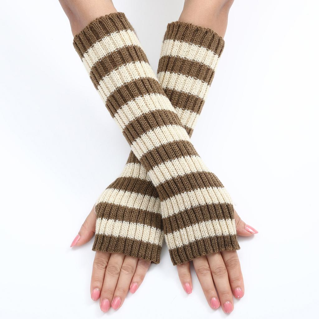 Multicolored Striped Woolen Gloves for Autumn and Winter Mid Length Fingerless Warm and Fashionable Knitted Arm Sleeves for Women