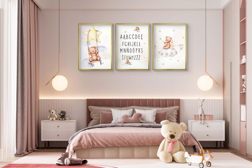 Zestaw Plakatów dla dziecka Alfabet Literki Miś Dziecięce Obrazy beż 30x40