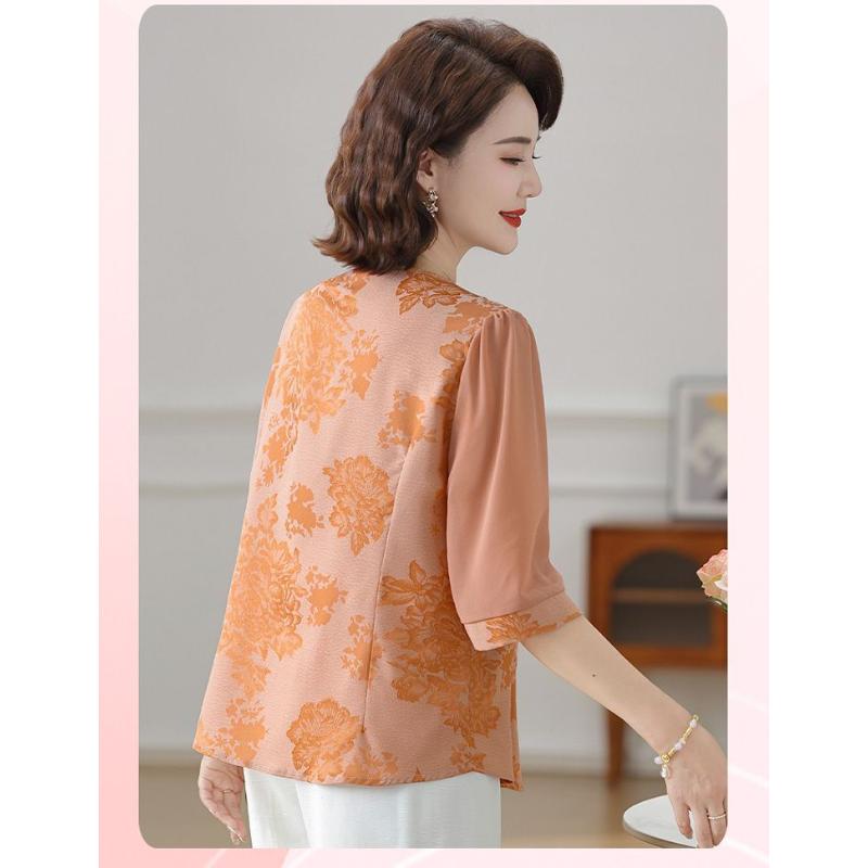 Women's Peach Floral Blouse V-Neck Half-Sleeve Elegant Casual Top