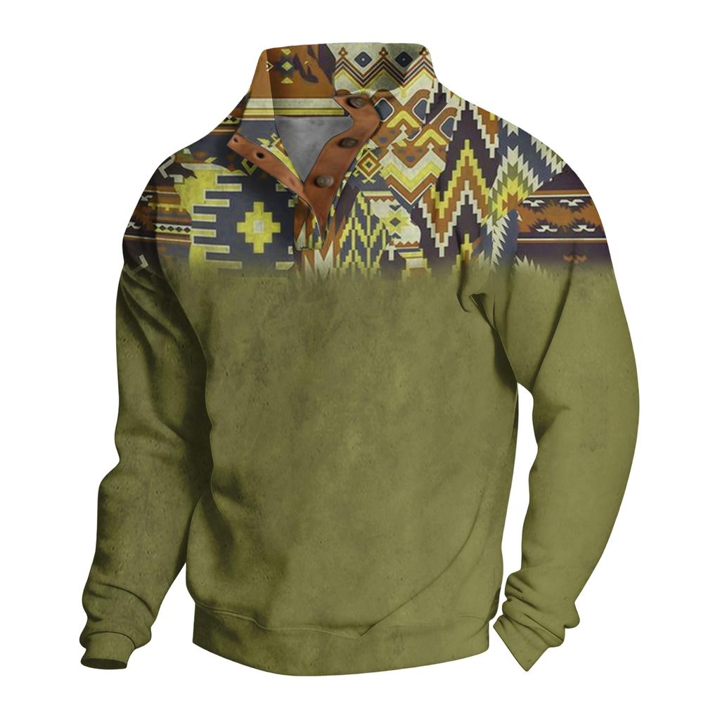 Men's Pattern Pullover Button Sweatshirt Long Sleeve Western Casual Top
