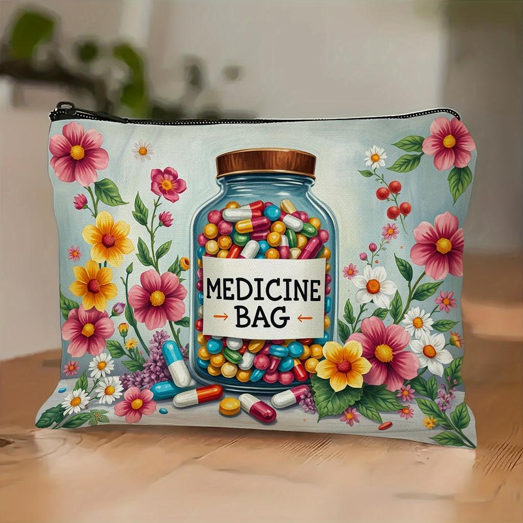 1pc Floral Medicine Bag Vibrant Cartoon Capsule Multi-Functional Cosmetic Travel Storage Pouch with Zipper Travel Essentials Bag