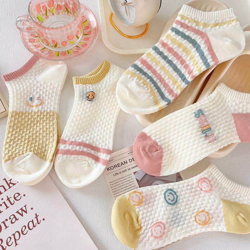 10 Perechi de Șosete Dama Subțiri de Primăvară și Vară, Drăguțe, cu Desen Animat Față Zâmbitoare, Colorate, cu Gură Joasă și Tub Scurt, din Bumbac