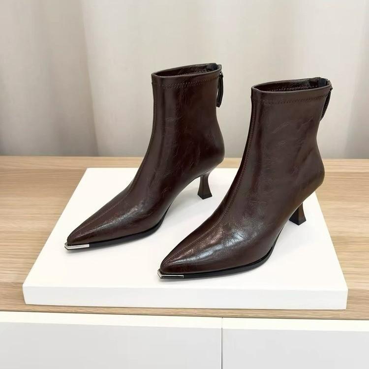 High-heeled Short Boots for Women - New Style Leather Soft Pointed-toe Low-heeled Shoes