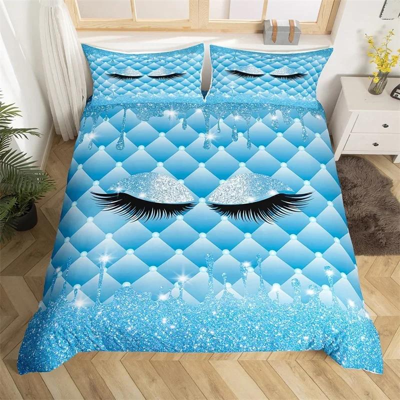 Smile Eyelash Duvet Cover Set Glitter Fragments Dreamy Twin Queen Bedding Set Microfiber Eyelashes Make Romantic Comforter Cover