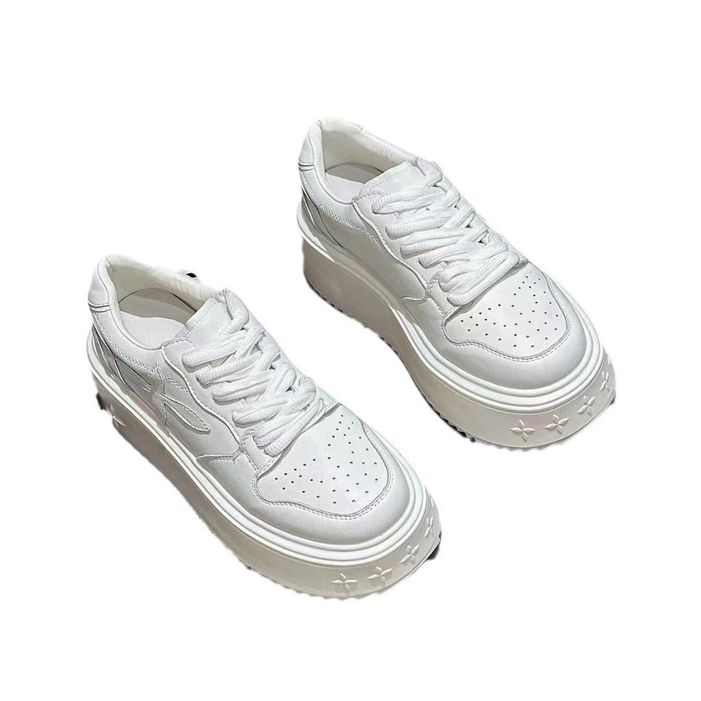 Fashion Casual Women's Shoes 2025 Spring Thick Soled Round Toe New Leather and White Shoes with Lace Up Sponge Cake Shoes