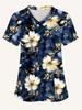 Chirurgische Uniformen Damen Mode Blumendruck Komfort Zahnarzthelferin Oberteile Lässig V-Ausschnitt Kurzarm Tierarzt Spa Krankenschwester Uniform Damen