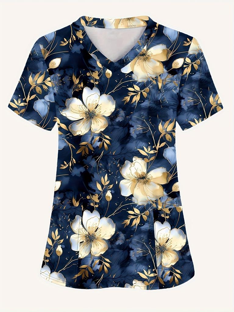 Chirurgische Uniformen Damen Mode Blumendruck Komfort Zahnarzthelferin Oberteile Lässig V-Ausschnitt Kurzarm Tierarzt Spa Krankenschwester Uniform Damen
