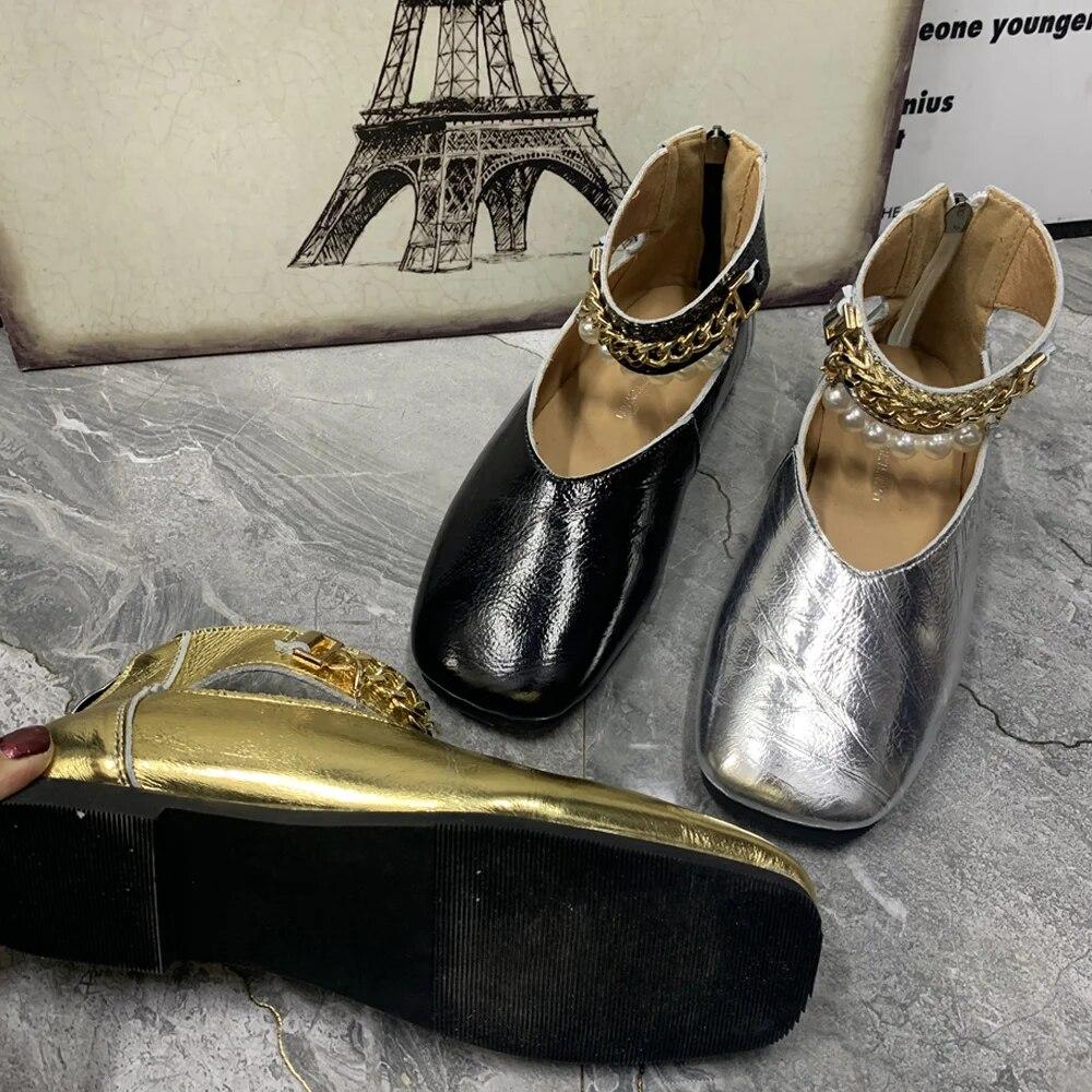 Fashion Leather Women Shoes Plus Size Casual Female Flat Shoes Antislip Pearl Designer Shoes