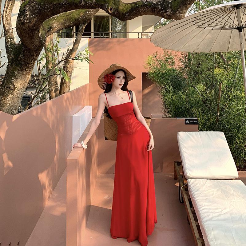 Christmas Red Suspender Dress Women's Tube Top Design Sense Niche Beautiful Light Luxury High-end Long Dress