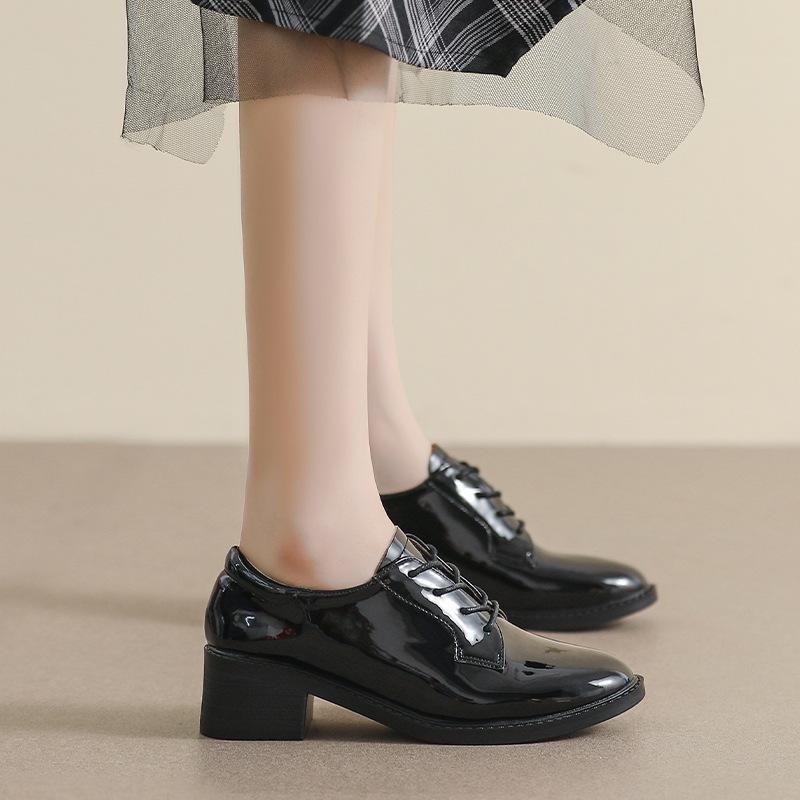 Women's Black Genuine Leather Flat Mid-Heel Shoes - British Style, Soft Bottom, Comfortable for Work, Autumn 2024 Collection