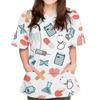 Chirurgische Uniformen für Damen Medizinprodukt Grafischer Aufdruck V-Ausschnitt Kasack-Oberteile Elegantes Kurzarmtaschendesign Krankenschwesteruniform