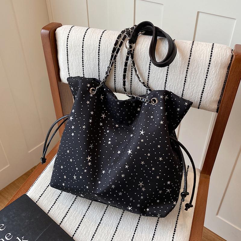 Star Print Drawstring Bucket Bag Women Casual Soft Shoulder Bag Lightweight Simple Tote Bag Large Capacity Daily Commut Hobo Bag