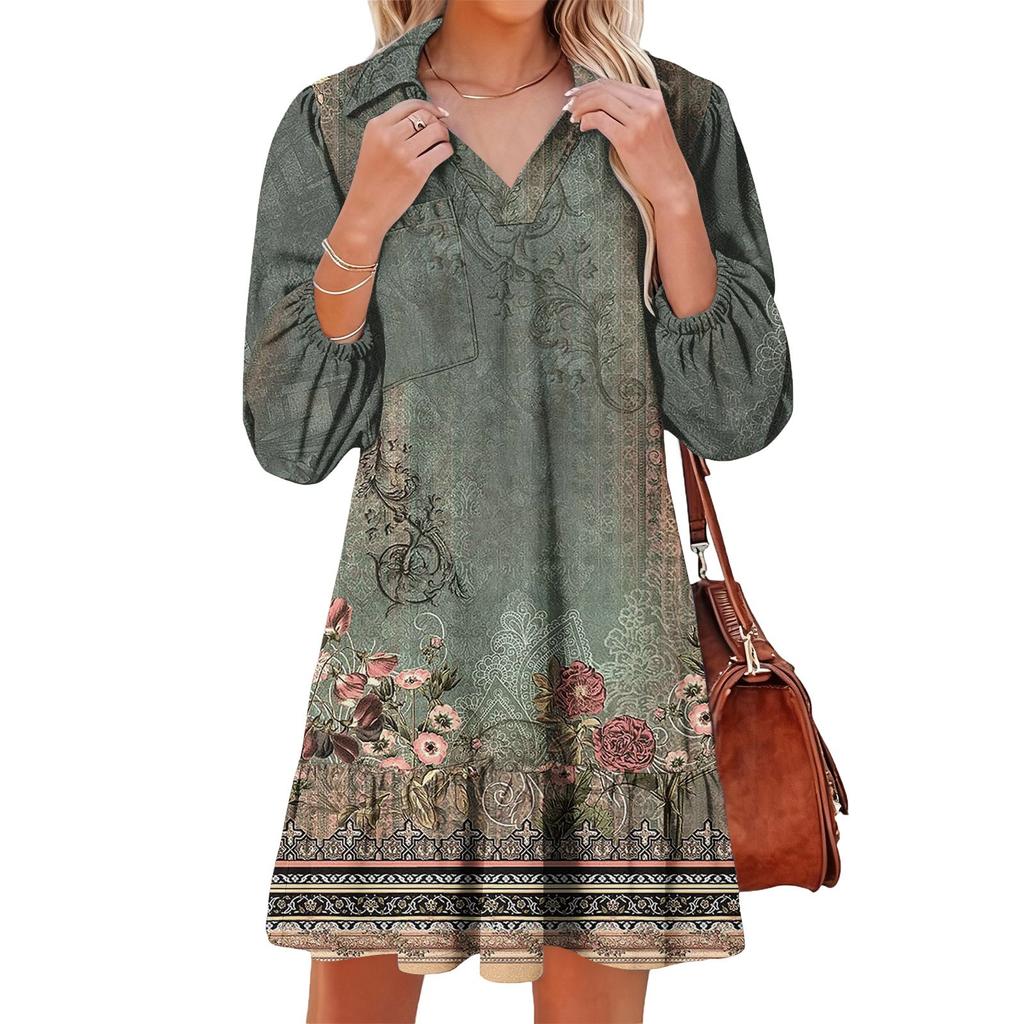 Women's Fashion Elegant Autmn And Winter Long Sleeve V,Neck Christmas Print Dress
