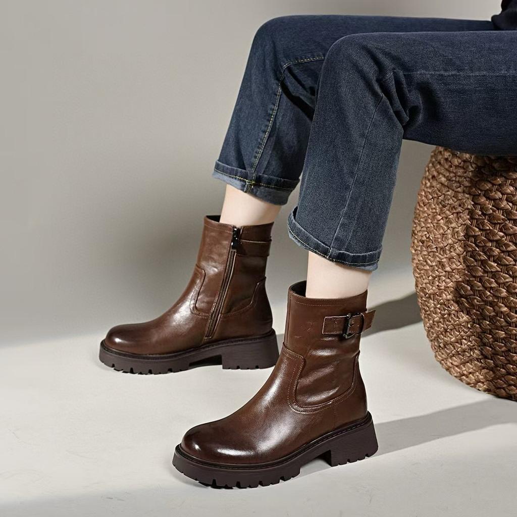 Medium Boots Women's Autumn and Winter Simple Handsome Personality Martin Boots Flat Cowhide Straight Boots Women's Leather Boots