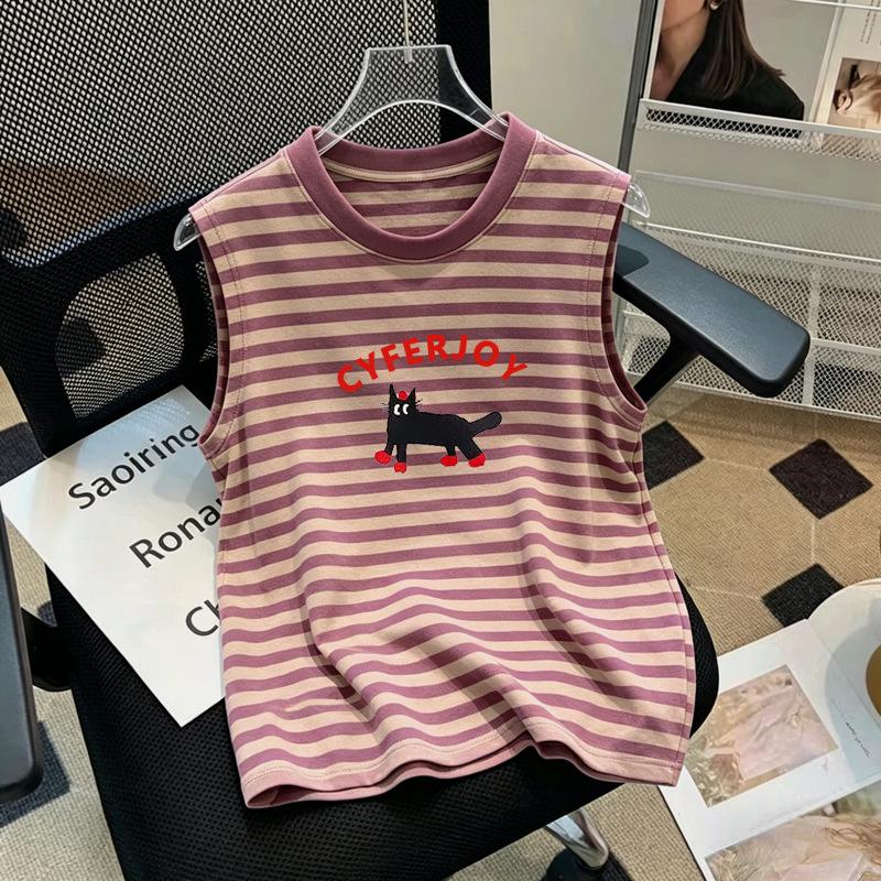 Girls' Cartoon Patchwork Stripe Sleeveless Tank Top (6-12 Years) - Summer 2026 Collection