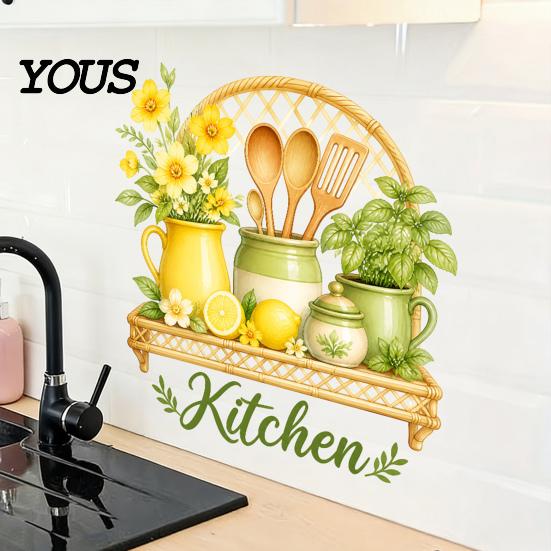 Adesivi Murali in PVC, Adesivi per Cucina ad Acquerello, Pianta Verde Limone Teiera Auto?Adesivi Decorativi, Materiali per Ristrutturazione Casa, Decorazione Impermeabile per Fornelli