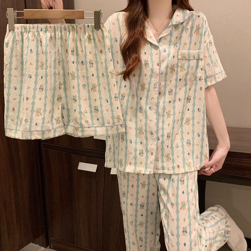 Women's Cloud Cotton Three-Piece Pajama Set - Spring/Summer Short-Sleeve Lapel Cardigan, Sweet Forest Girl Homewear Style