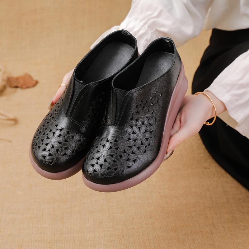 The First Layer of Cowhide Muffin Sole Heightening Women's Shoes Casual Leather Hollow Women's Slippers Breathable and Comfortable Hole Shoes