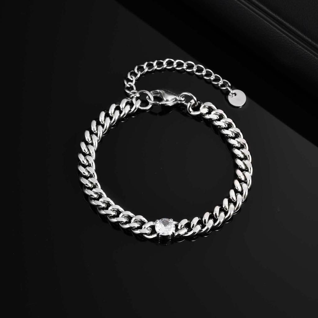 White Zircon Cuban Bracelet for Men Boys,16-21CM Never Fade Curb Chain Links Wristband,Hip Hop Cool Simple Jewelry Gift