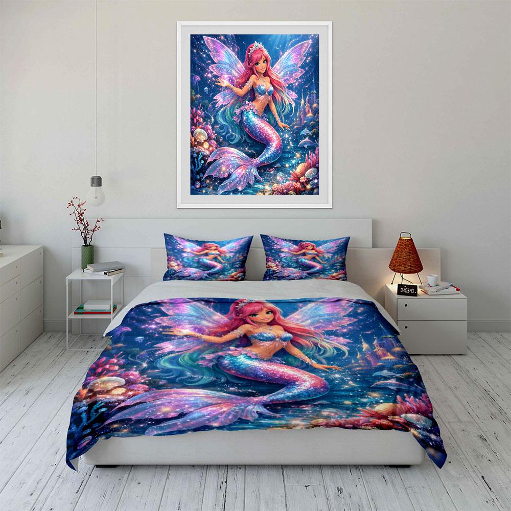 Dreamy Rainbow Mermaid And Castle Bedding Set For Kids Luxury Gift 3Pcs Digital Print Comforter Set Soft Comfortable Breathable