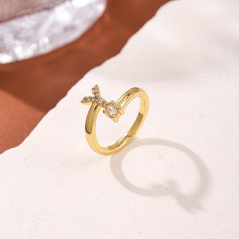 Copper Inlaid Zircon Alphabet Ring: Women's Fashionable Adjustable Open Ring