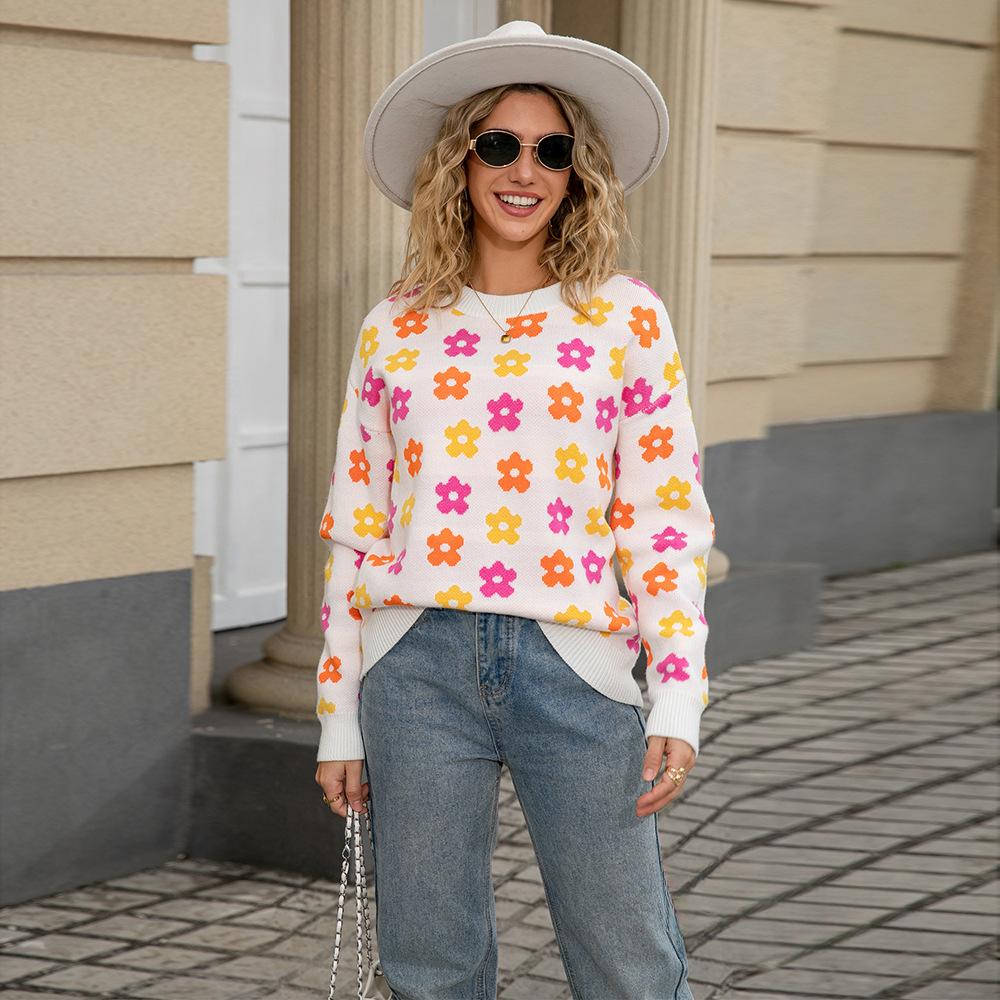 

Новий осінній стиль пуловер з круглим вирізом для жінок, універсальний теплий трикотажний топ з довгим рукавом з квітковим принтом M