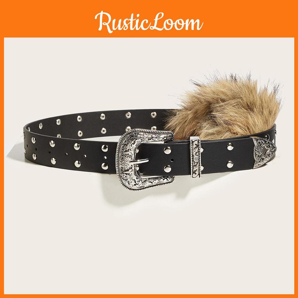 Wide Pu Leather Belt Artificial Fur Design And Carved Needle Buckle For Streetwear Style Enthusiasts