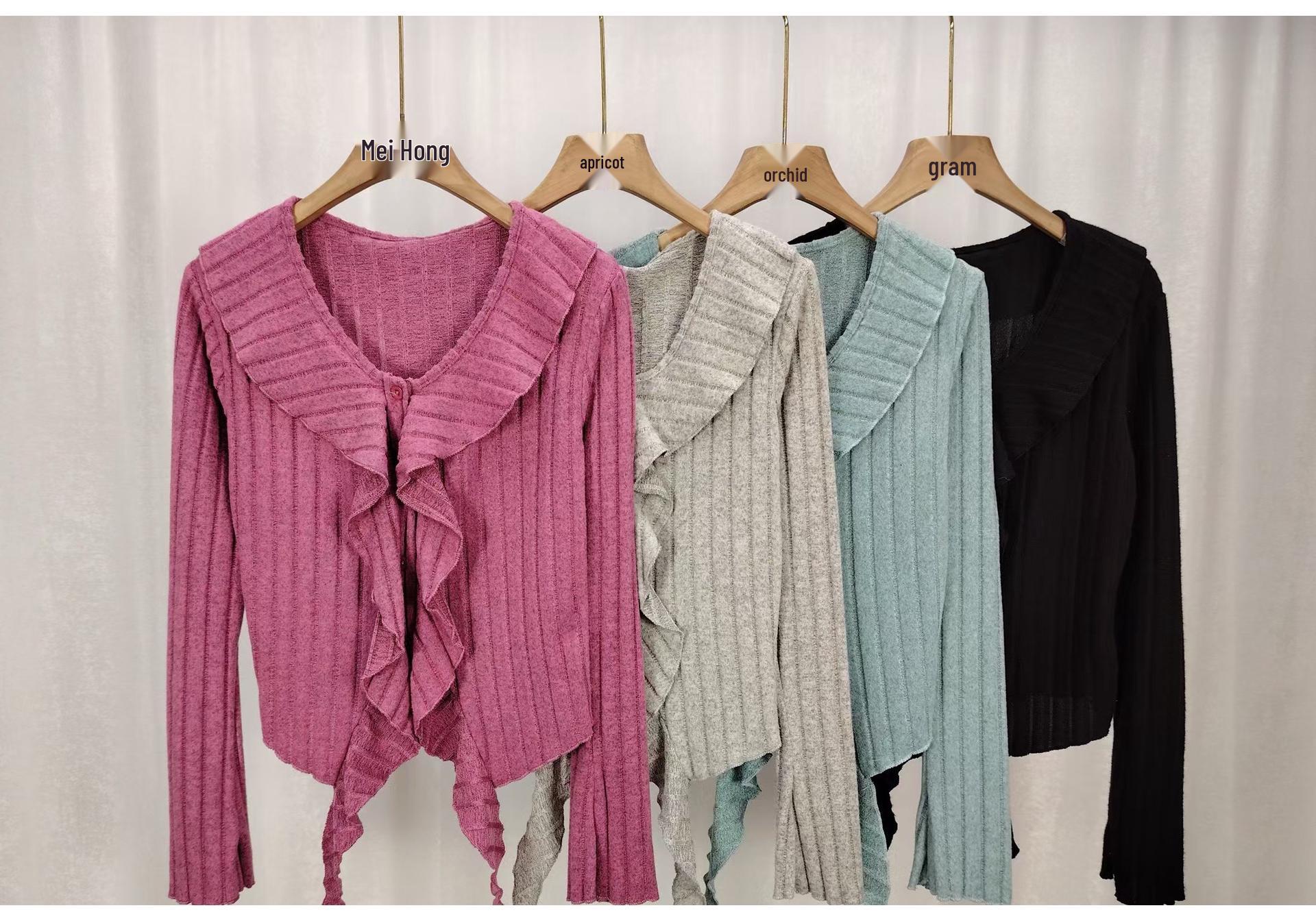 Autumn Casual Ruffle Solid Color Cropped Long Sleeve Irregular Slimming Top One Size чёрный