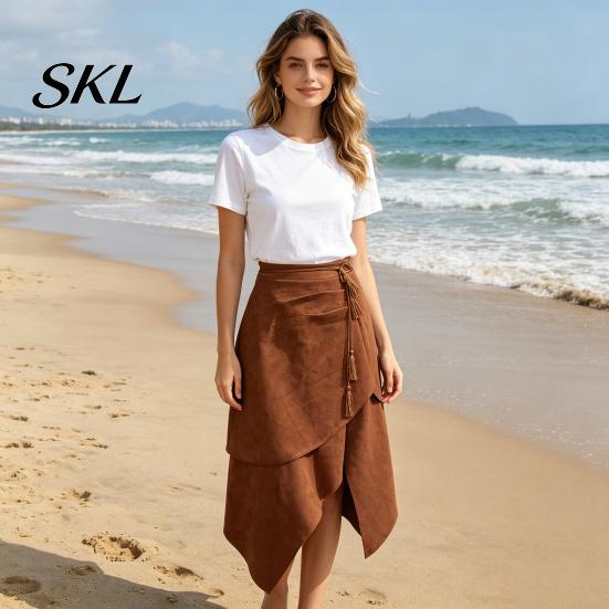 Breathable Women Skirt Autumn Winter Suede Skirt, High Waist Irregular Large Hem Pure A-line Color Slimming for Beach Travel Parties Work Leisure