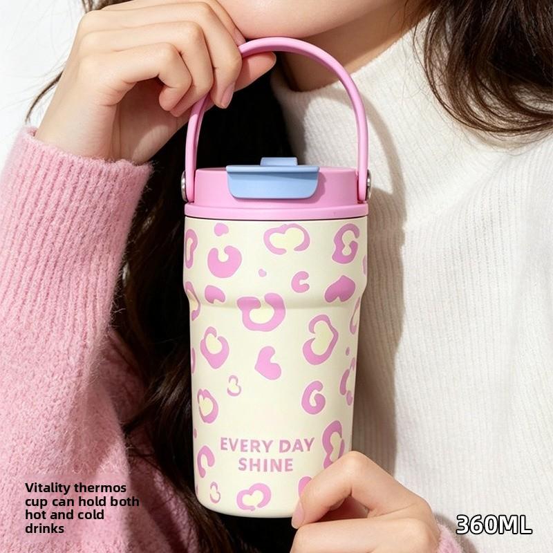 Neue Keramik-Innenschale Doppel-Getränke-Kaffeebecher, Wasserbecher mit Leopardenmuster, tragbarer Hand-Isolierbecher